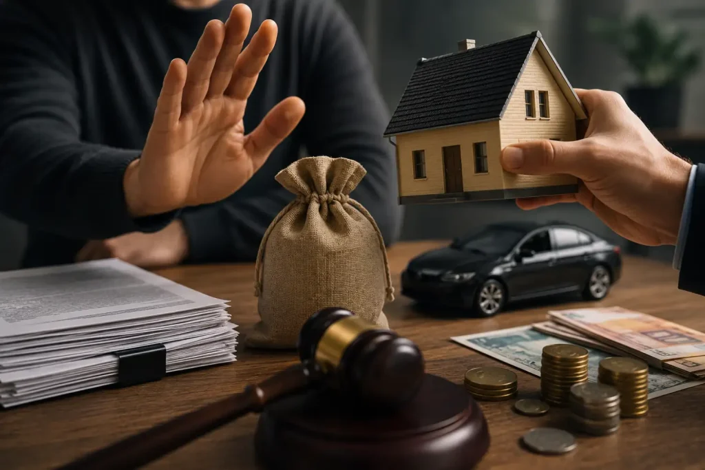 Deudor entrega vivienda y coche mientras acreedor rechaza el trato, alzamiento de bienes