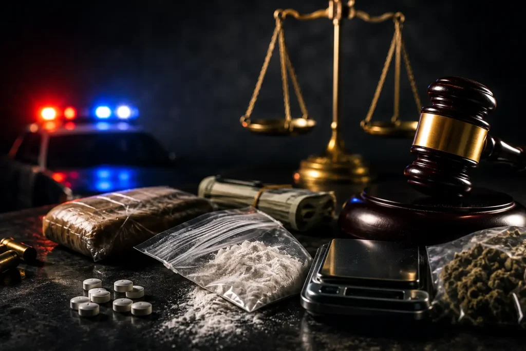 Droga incautada, dinero y b&aacute;scula junto al mazo del juez y la balanza de la justicia, sobre el tr&aacute;fico de drogas y su pena m&iacute;nima