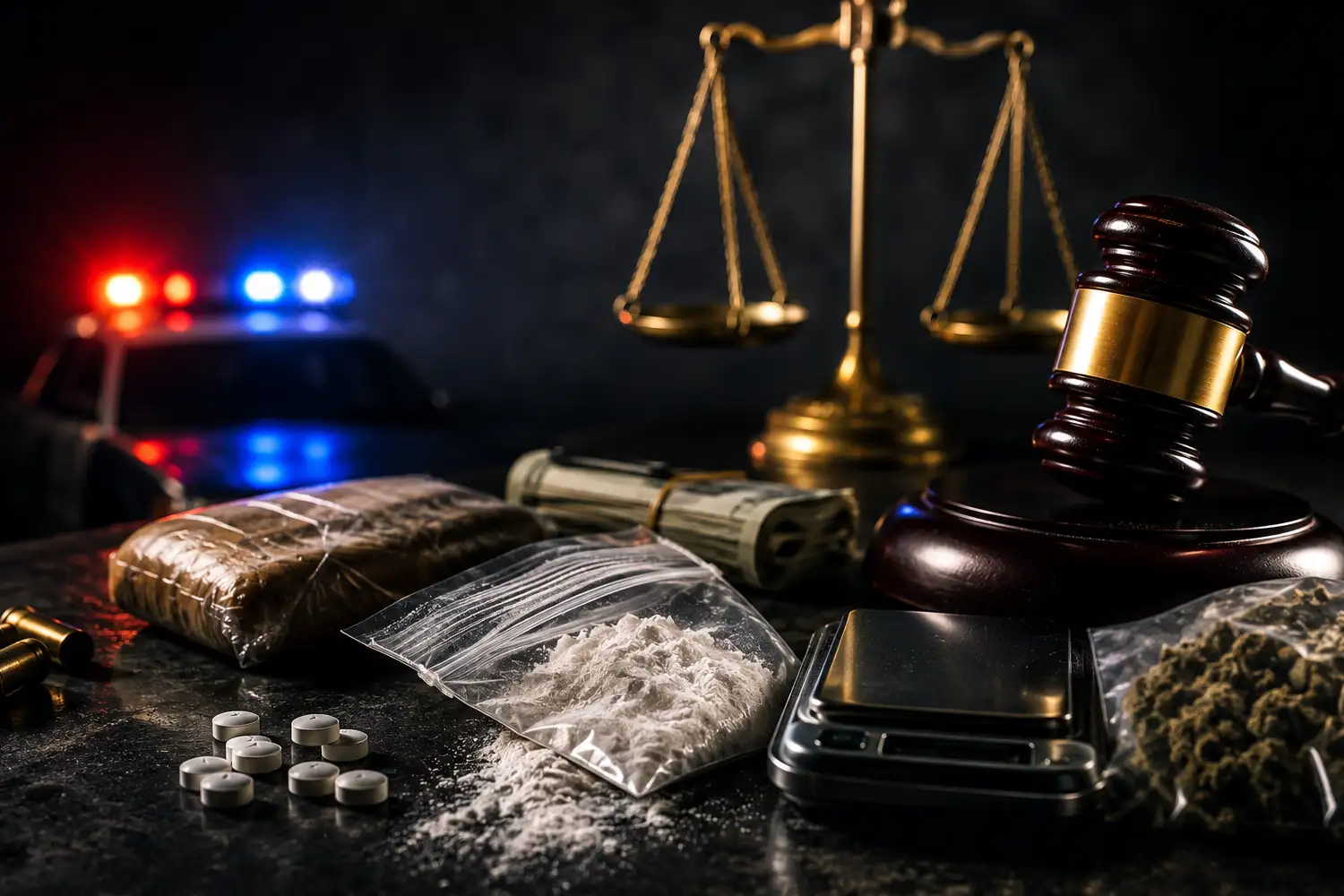 Droga incautada, dinero y b&aacute;scula junto al mazo del juez y la balanza de la justicia, sobre el tr&aacute;fico de drogas y su pena m&iacute;nima
